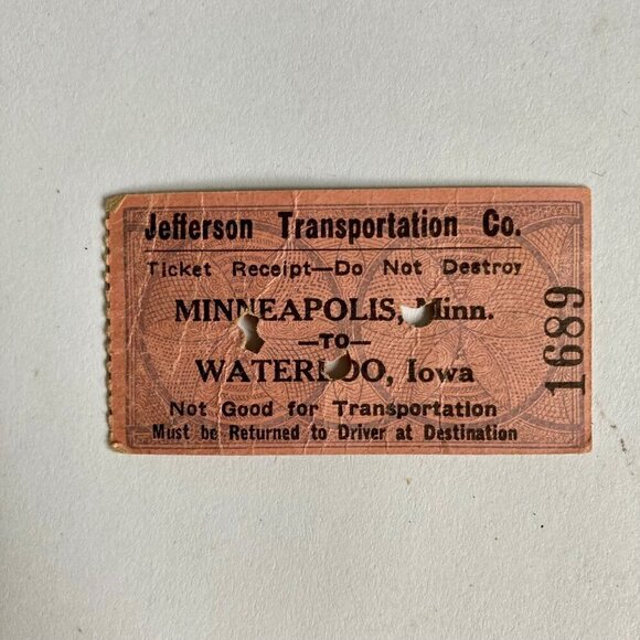 Vintage Jefferson Transportation Co. Ticket Bus? Train? Minneapolis to Waterloo - Picture 1 of 3